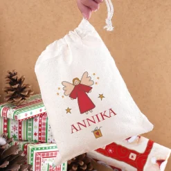 Geschenkverpackung - kleiner Baumwollsack mit Engel und Wunschname