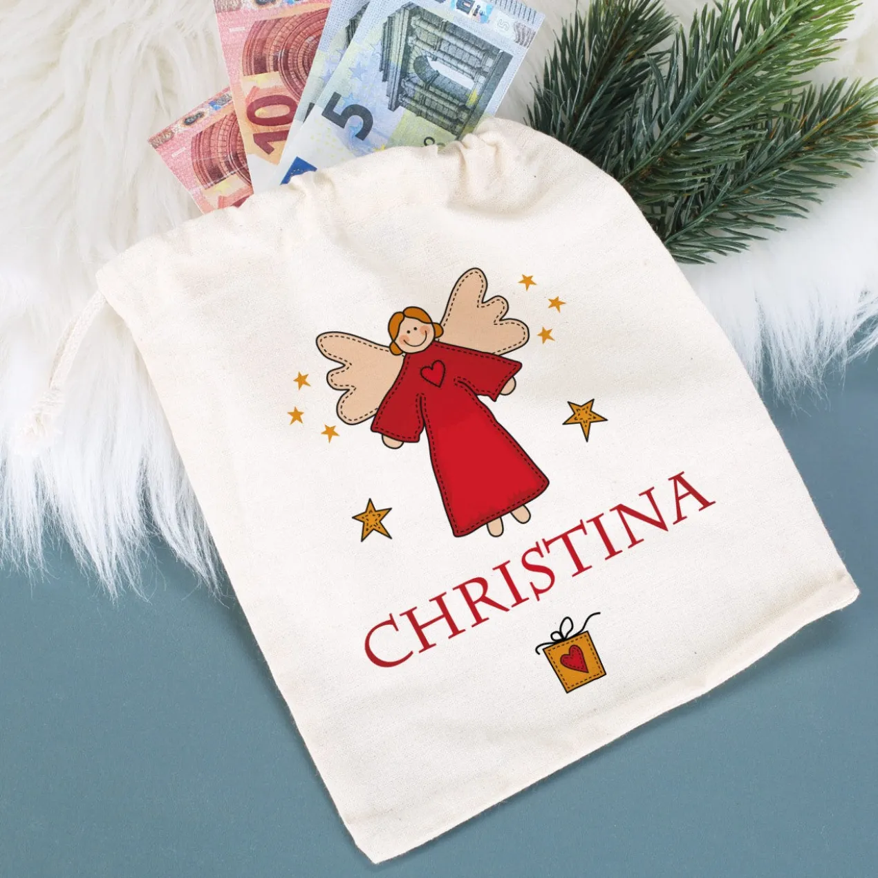 Geschenkverpackung - kleiner Baumwollsack mit Engel und Wunschname