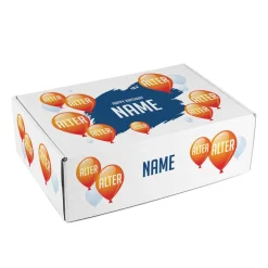 Geschenkverpackung mit bunten Luftballons zum Geburtstag