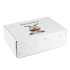 Geschenkverpackung mit niedlichem Rentier und Wunschtext