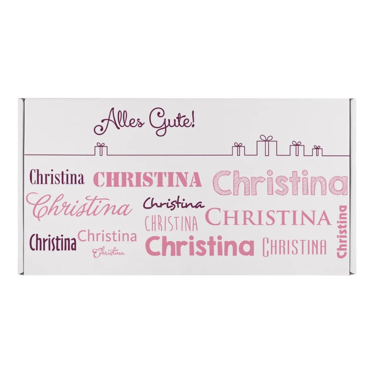Geschenkverpackung mit Wunschtext und Name in verschiedenen Schriftarten - rosa