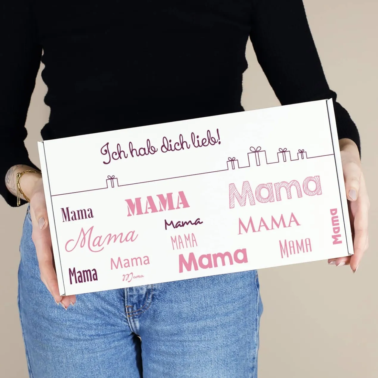 Geschenkverpackung mit Wunschtext und Name in verschiedenen Schriftarten - rosa