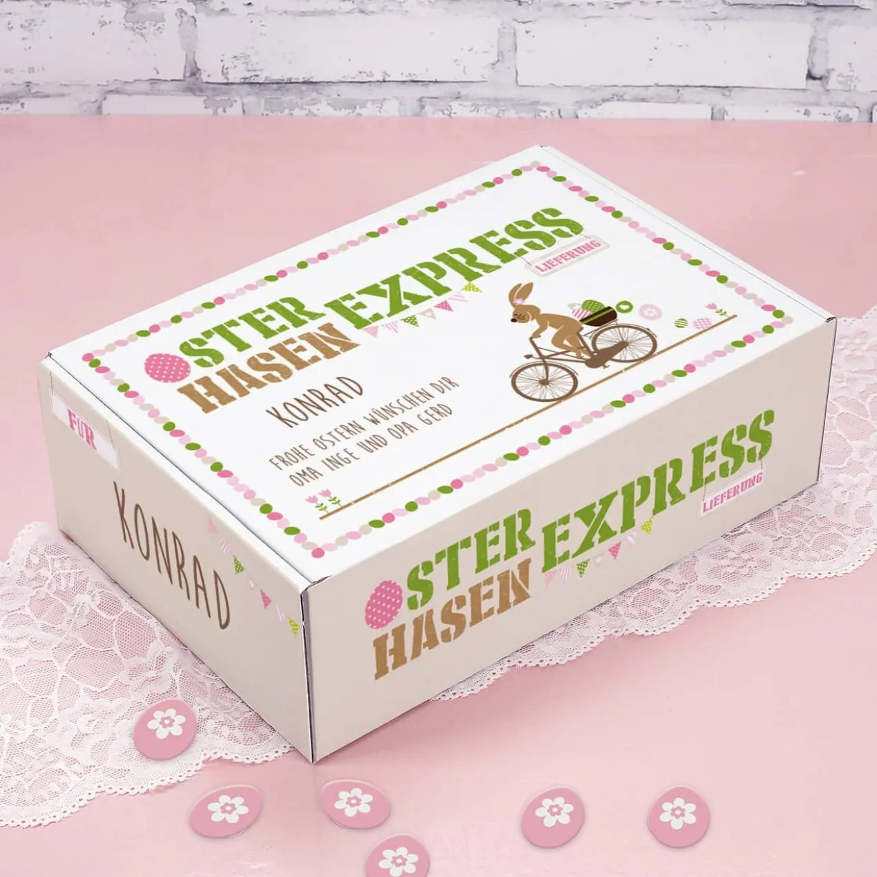 Geschenkverpackung vom Osterhasen-Express mit Ihrem Namen und Wunschtext