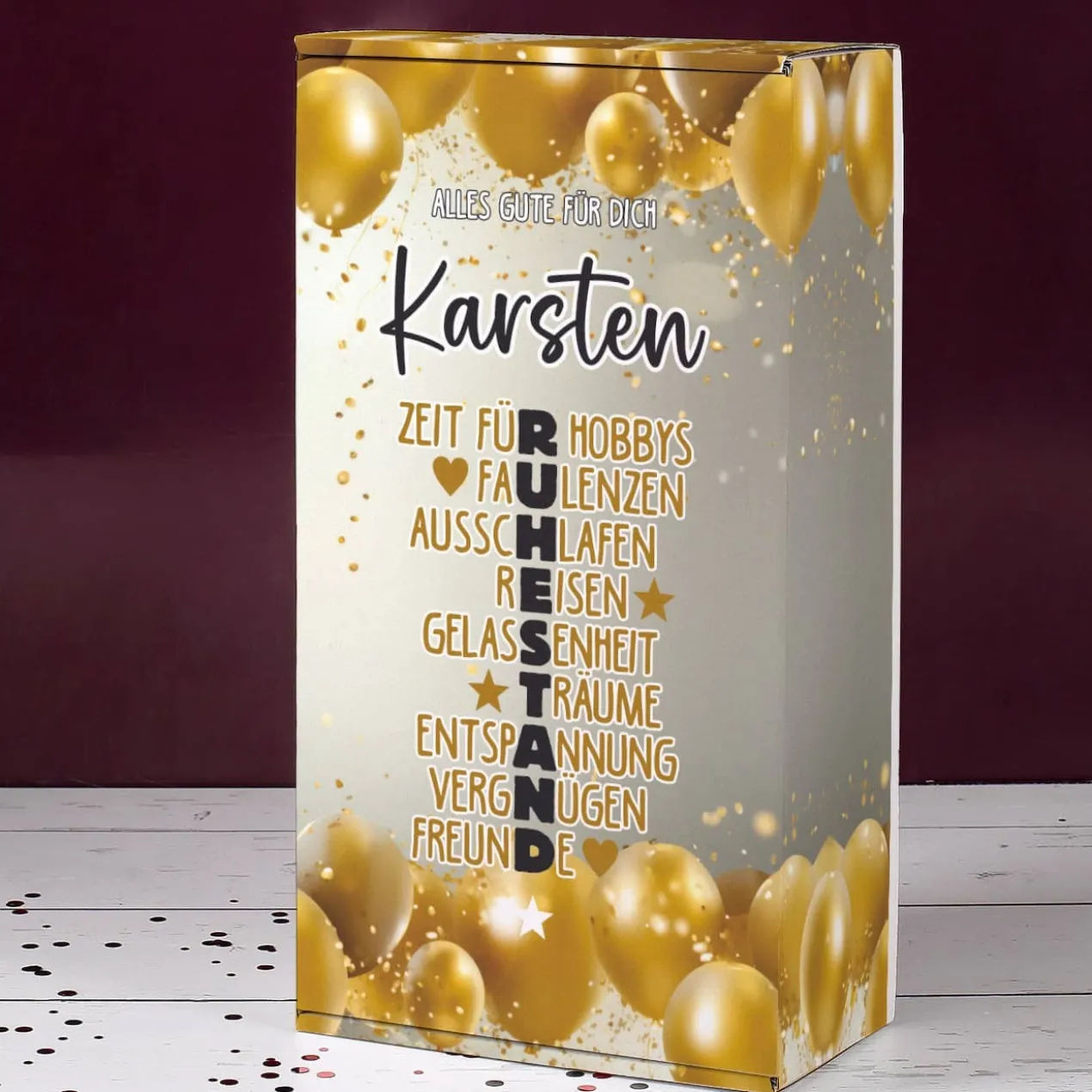 Geschenkverpackung zum Ruhestand mit Name personalisiert