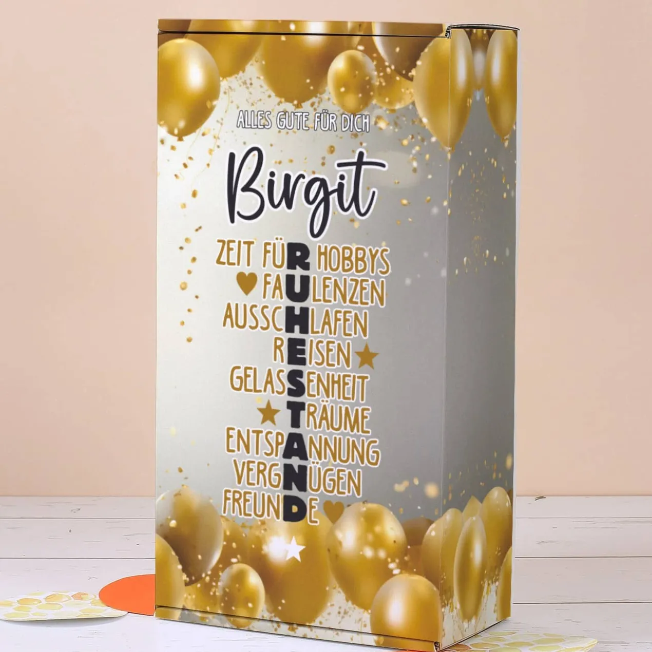 Geschenkverpackung zum Ruhestand mit Name personalisiert