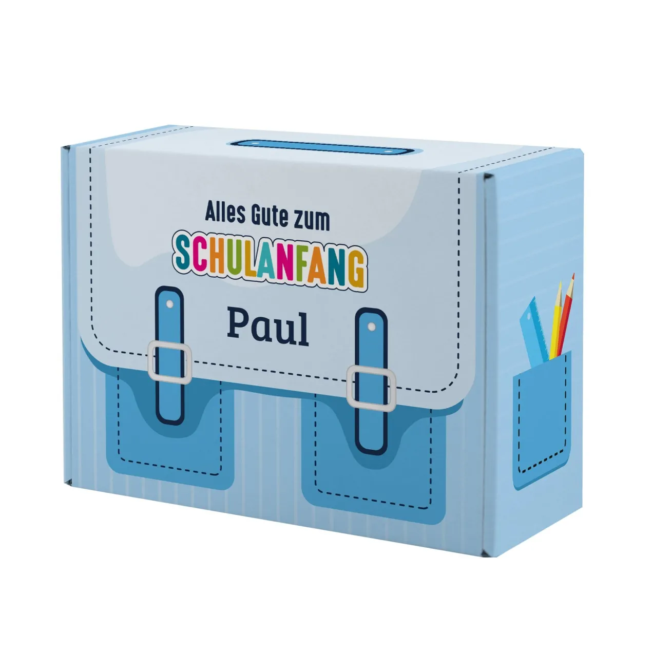 Geschenkverpackung zur Einschulung personalisiert mit Name | Schulranzen Design