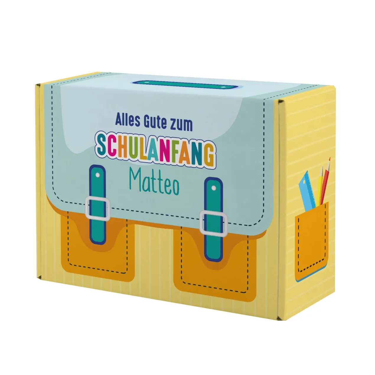 Geschenkverpackung zur Einschulung personalisiert mit Name | Schulranzen Design