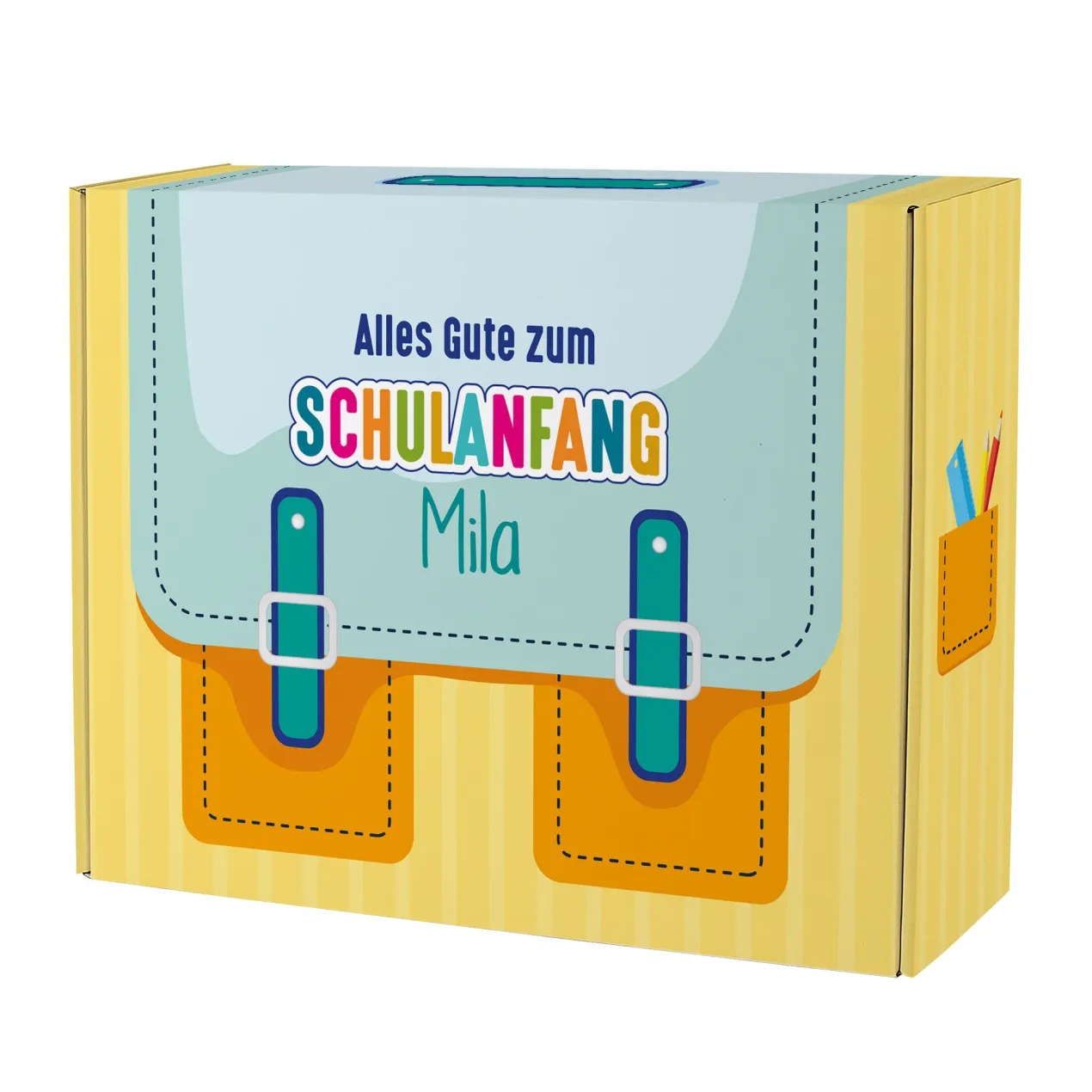 Geschenkverpackung zur Einschulung personalisiert mit Name | Schulranzen Design