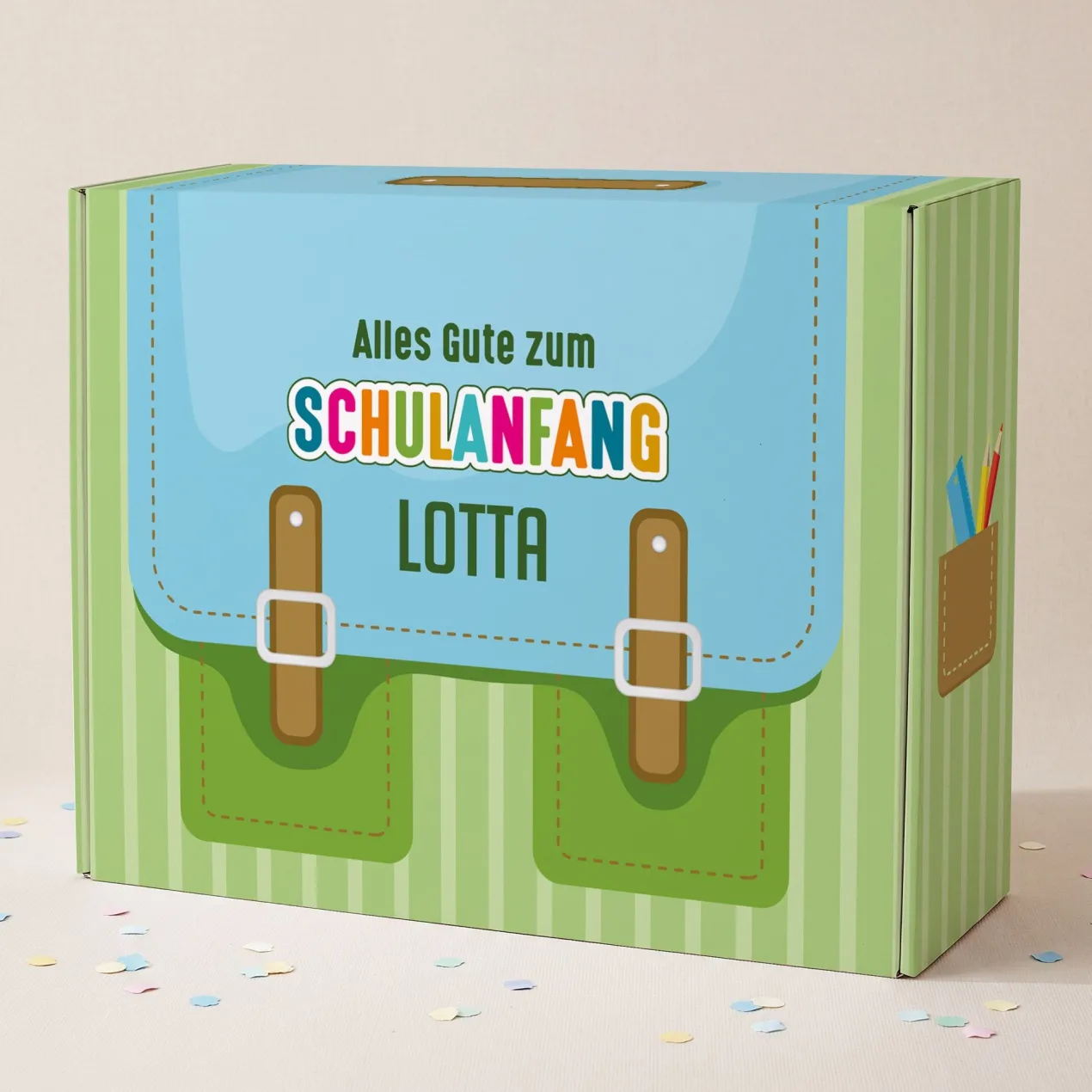 Geschenkverpackung zur Einschulung personalisiert mit Name | Schulranzen Design