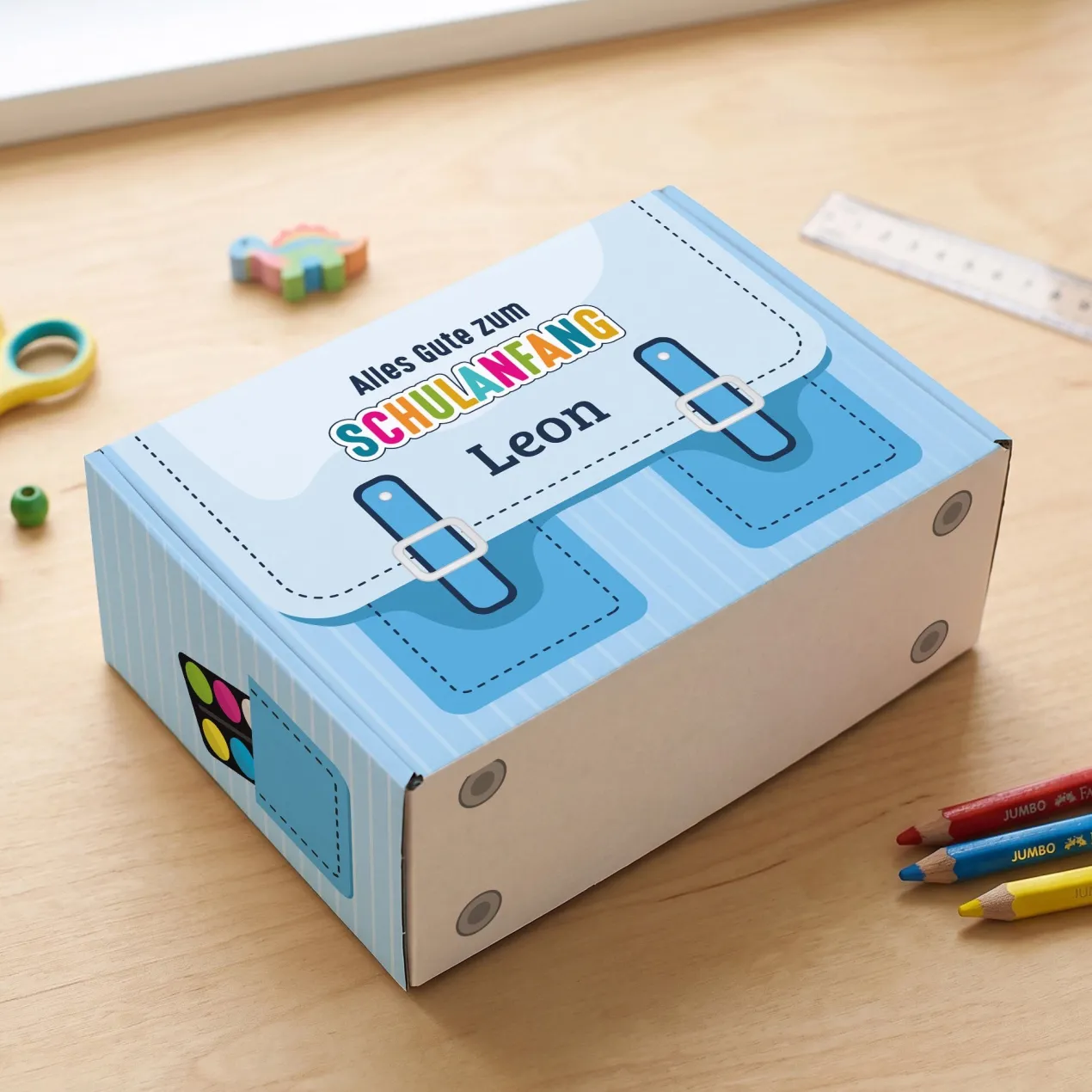 Geschenkverpackung zur Einschulung personalisiert mit Name | Schulranzen Design