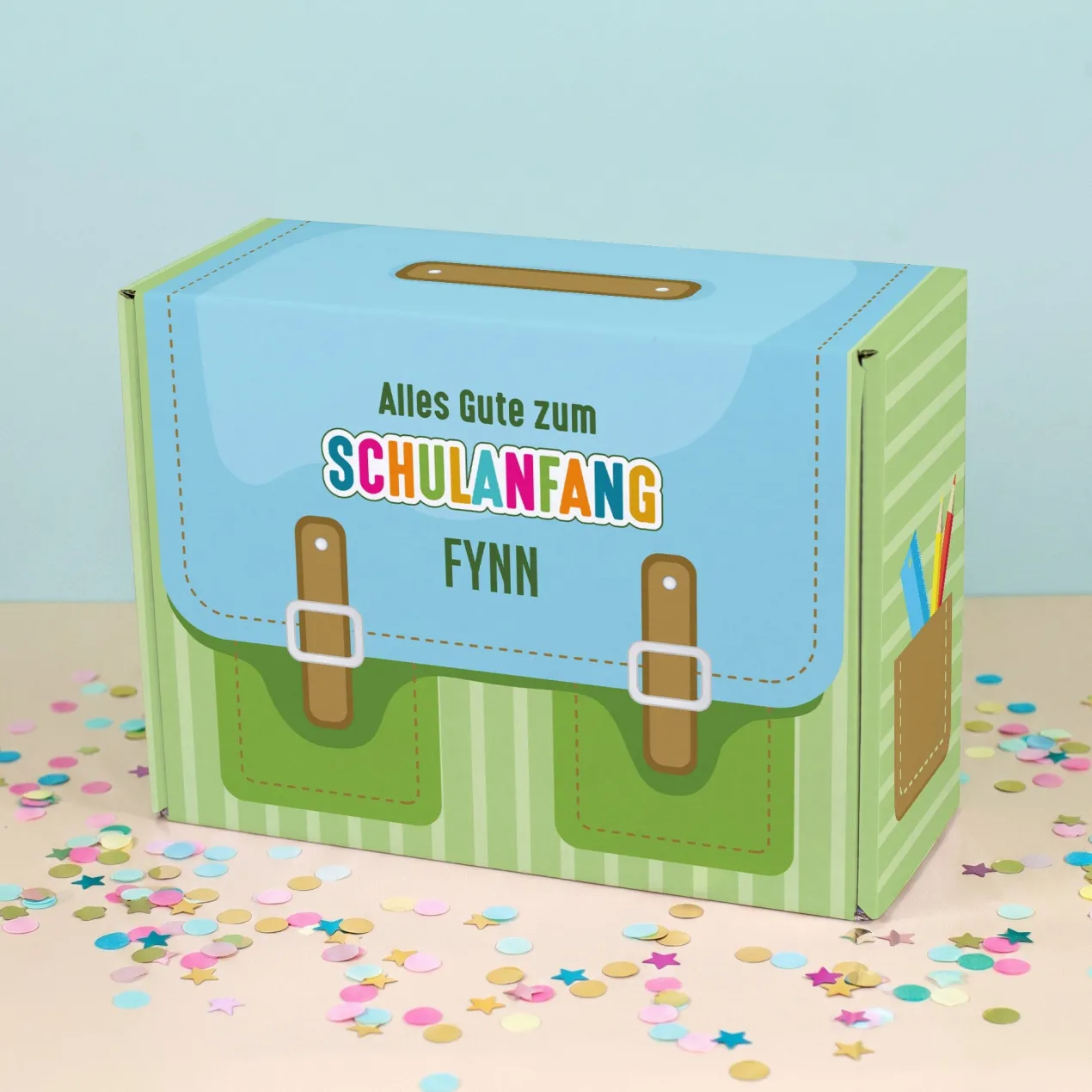 Geschenkverpackung zur Einschulung personalisiert mit Name | Schulranzen Design