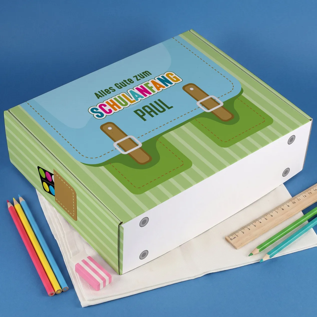 Geschenkverpackung zur Einschulung personalisiert mit Name | Schulranzen Design