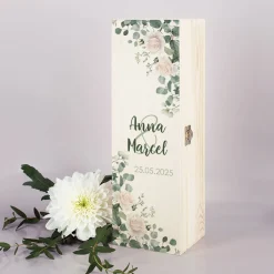 Geschenkverpackung zur Hochzeit - Holzbox mit Namen und Datum Rosenmotiv