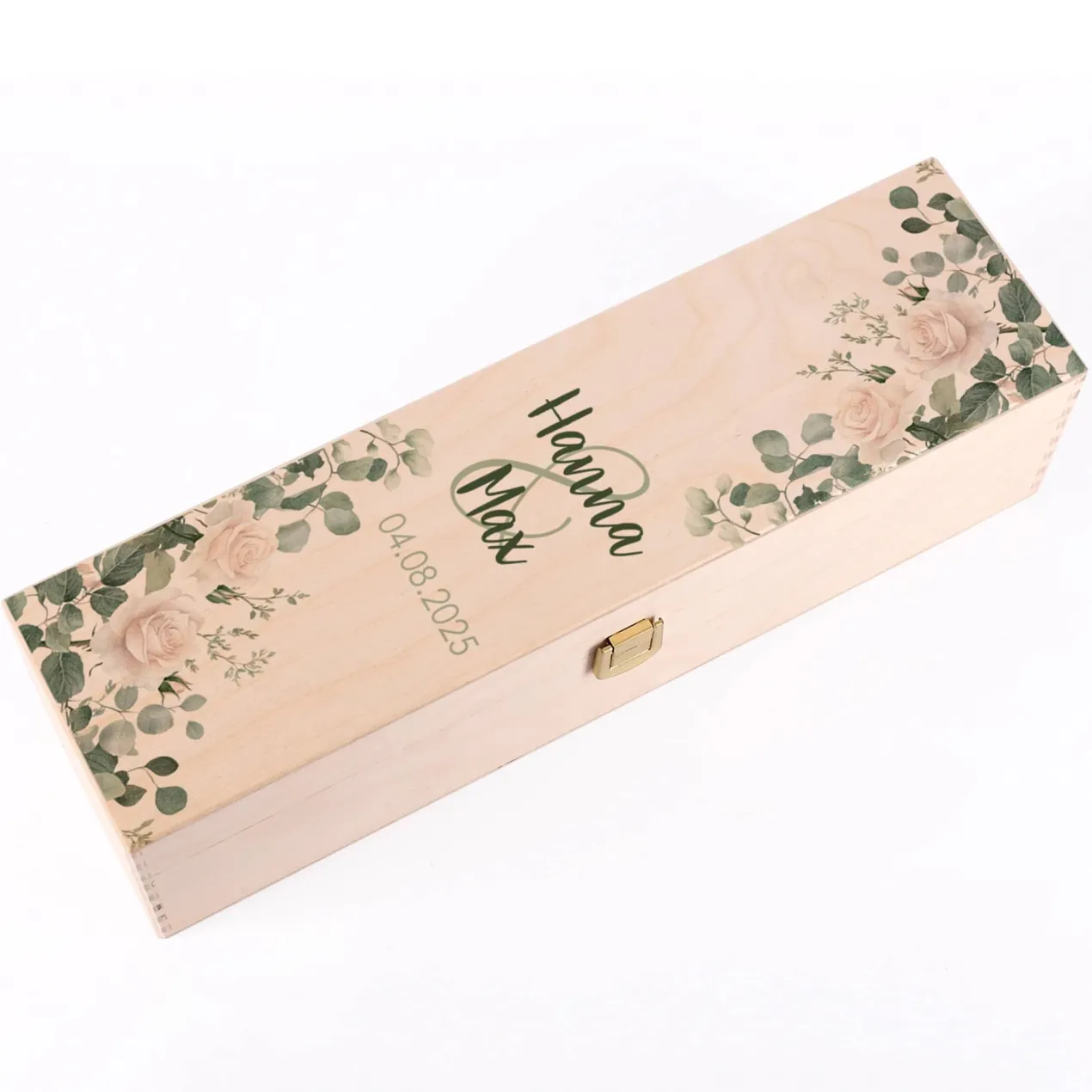 Geschenkverpackung zur Hochzeit - Holzbox mit Namen und Datum Rosenmotiv