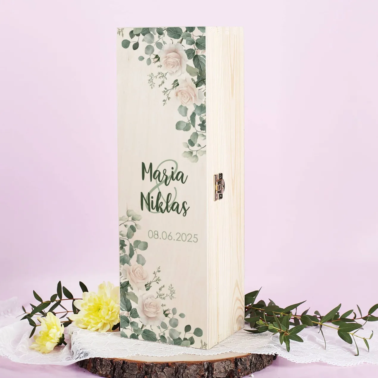 Geschenkverpackung zur Hochzeit - Holzbox mit Namen und Datum Rosenmotiv