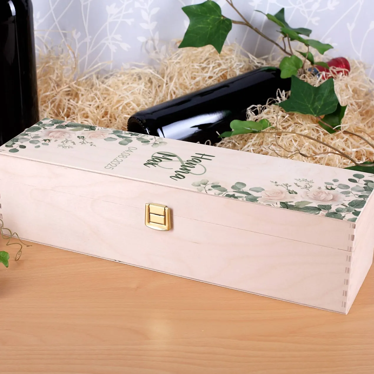 Geschenkverpackung zur Hochzeit - Holzbox mit Namen und Datum Rosenmotiv