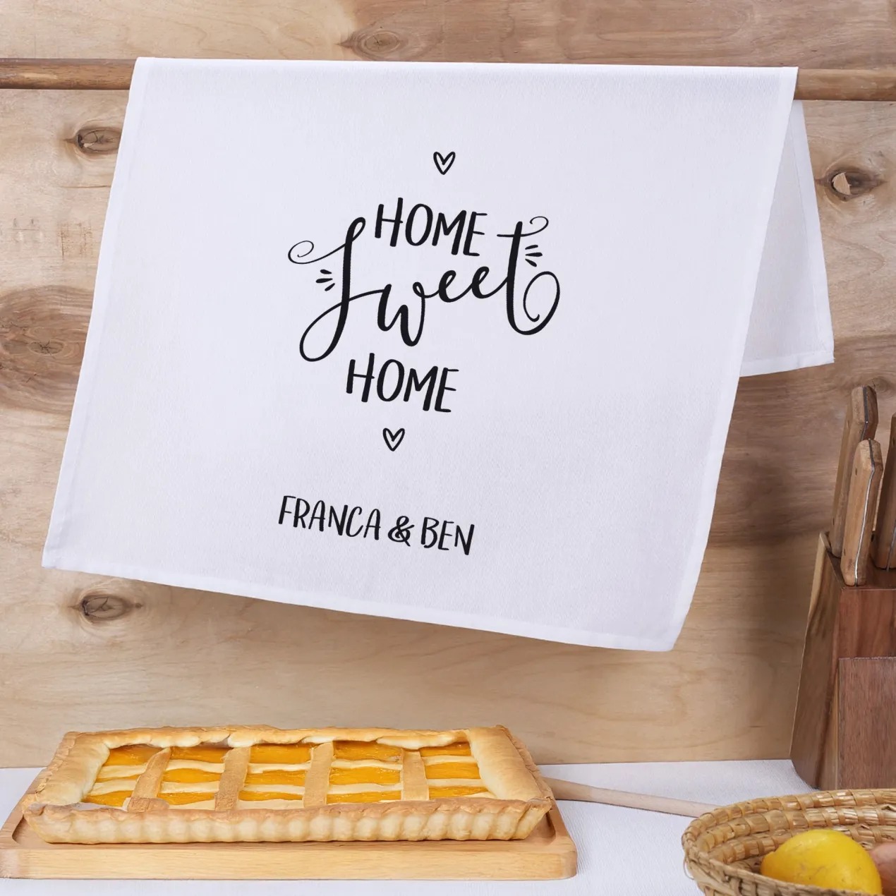 Geschirrtuch in weiß für Paare personalisiert mit Namen | Home Sweet Home