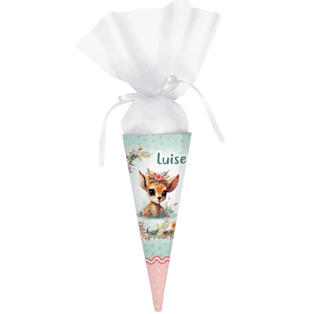 Geschwister-Schultüte mit Rehkitz, Name und Blumen bedruckt, 28 cm