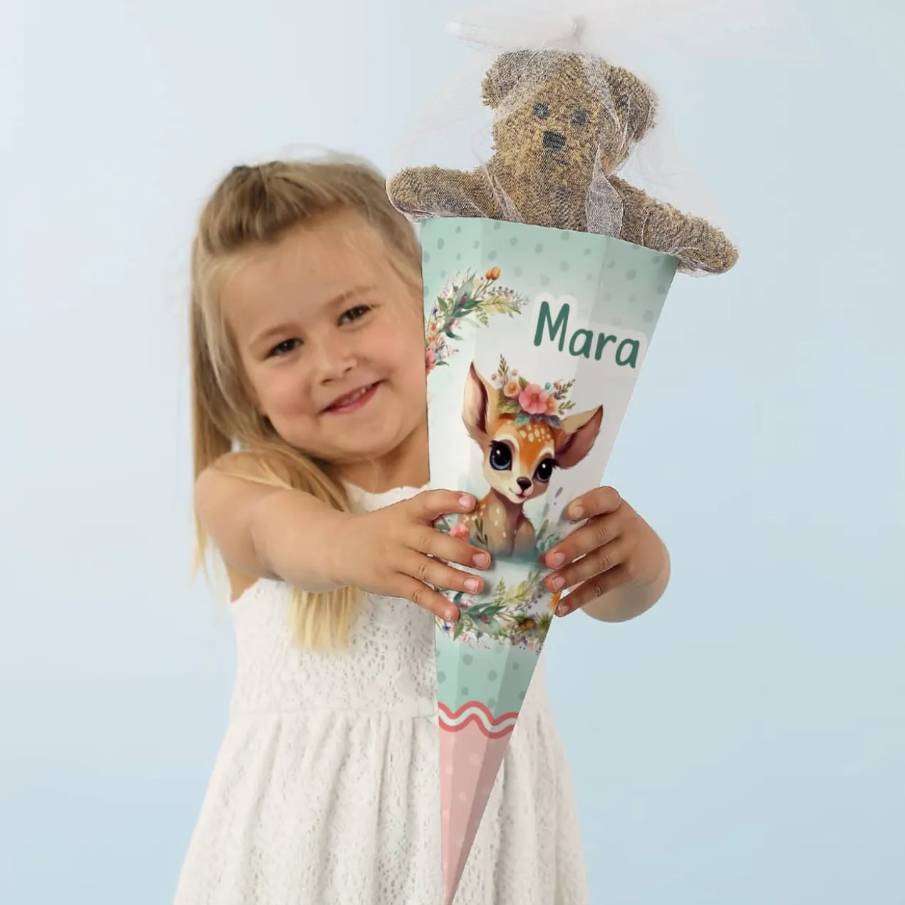 Geschwister-Schultüte mit Rehkitz, Name und Blumen bedruckt, 28 cm