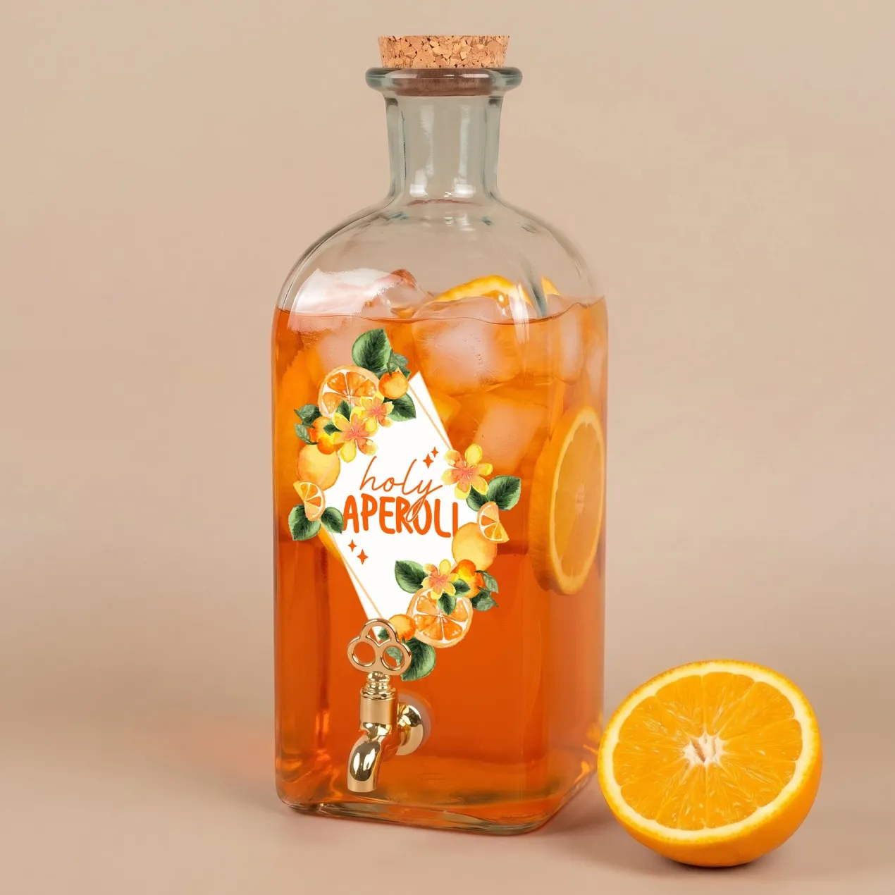 Getränkespender aus Glas mit Zapfhahn und Holy Aperoli Motiv für Cocktails, Grillen & Garten Party
