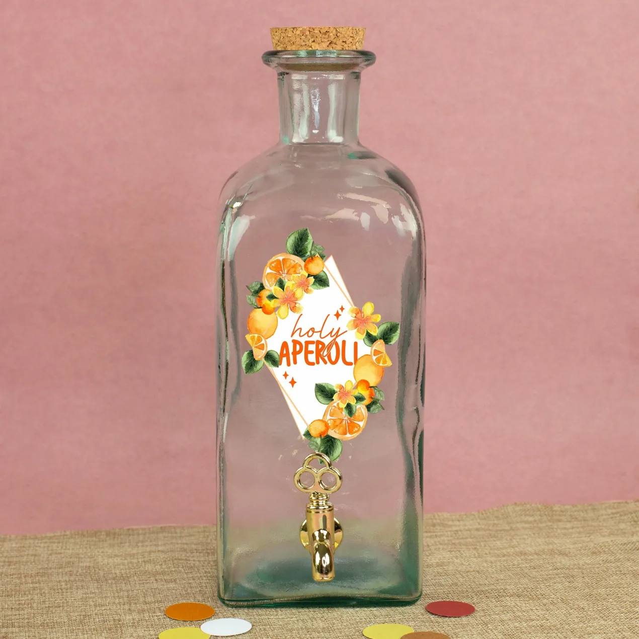 Getränkespender aus Glas mit Zapfhahn und Holy Aperoli Motiv für Cocktails, Grillen & Garten Party