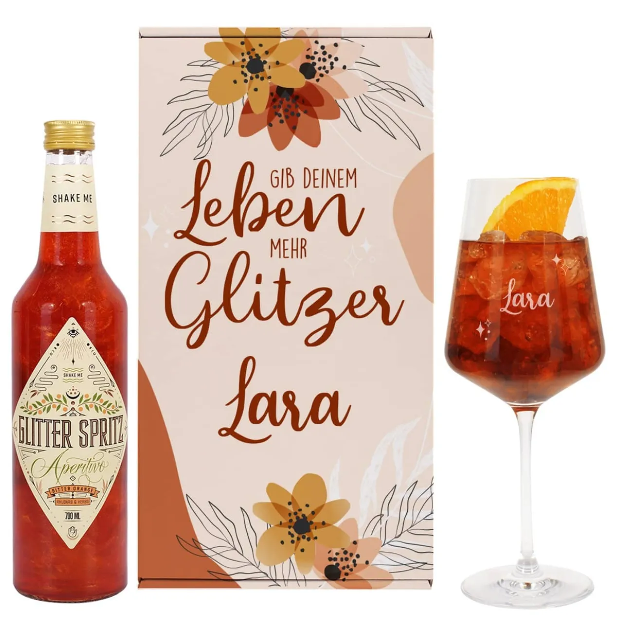 Gib Deinem Leben mehr Glitzer - Glitter Spritz Geschenkset mit personalisiertem Weinglas