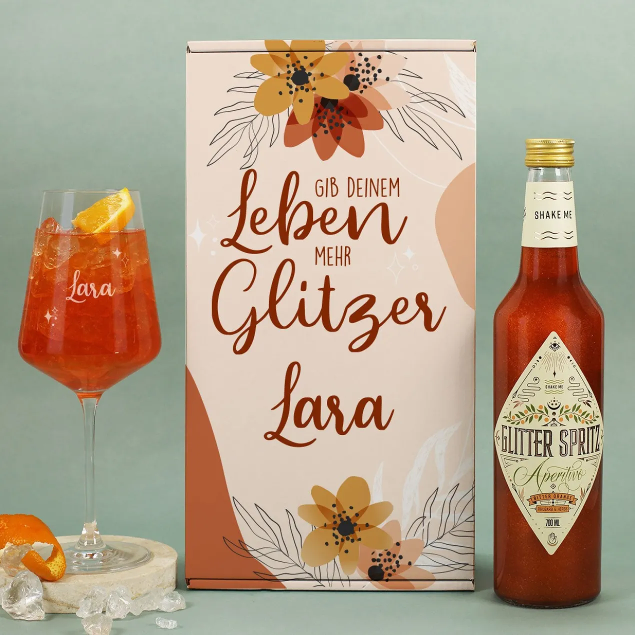 Gib Deinem Leben mehr Glitzer - Glitter Spritz Geschenkset mit personalisiertem Weinglas