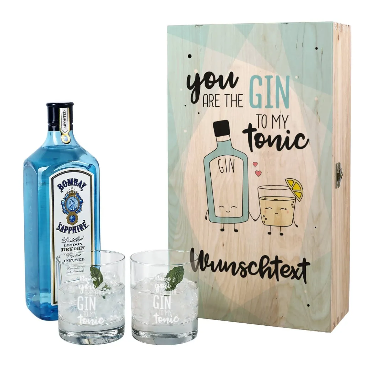 Gin-Geschenkset in bedruckter Holzkiste mit zwei Gläsern und Bombay Gin