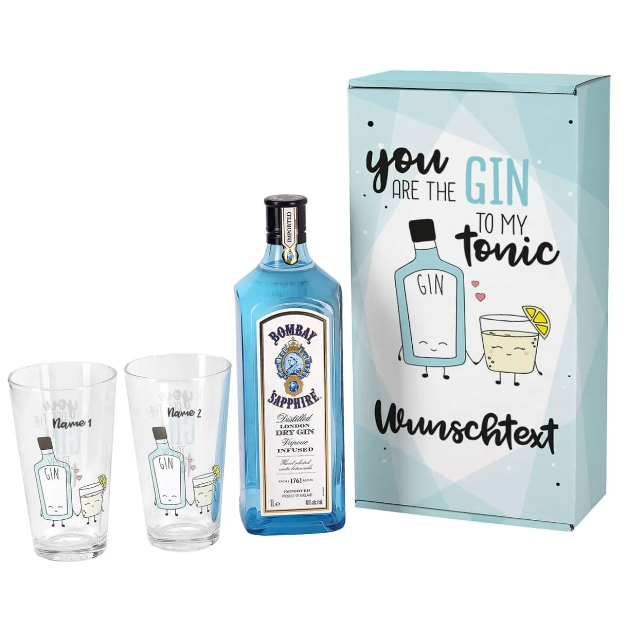 Gin-Set mit zwei Gläsern in bedruckter Verpackung