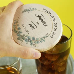 Glasabdeckung als Gastgeschenk zur Hochzeit - Eukalyptus - mit Namen und Datum