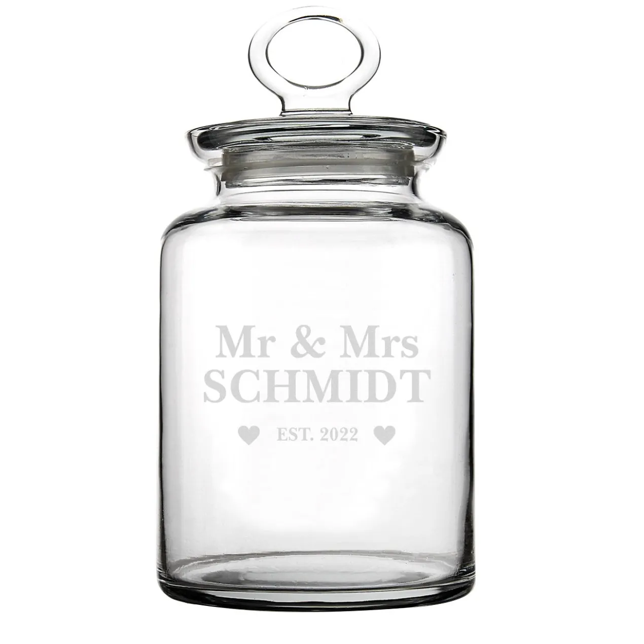 Glasdose für Mr und Mrs mit Wunschnamen und Jahr graviert