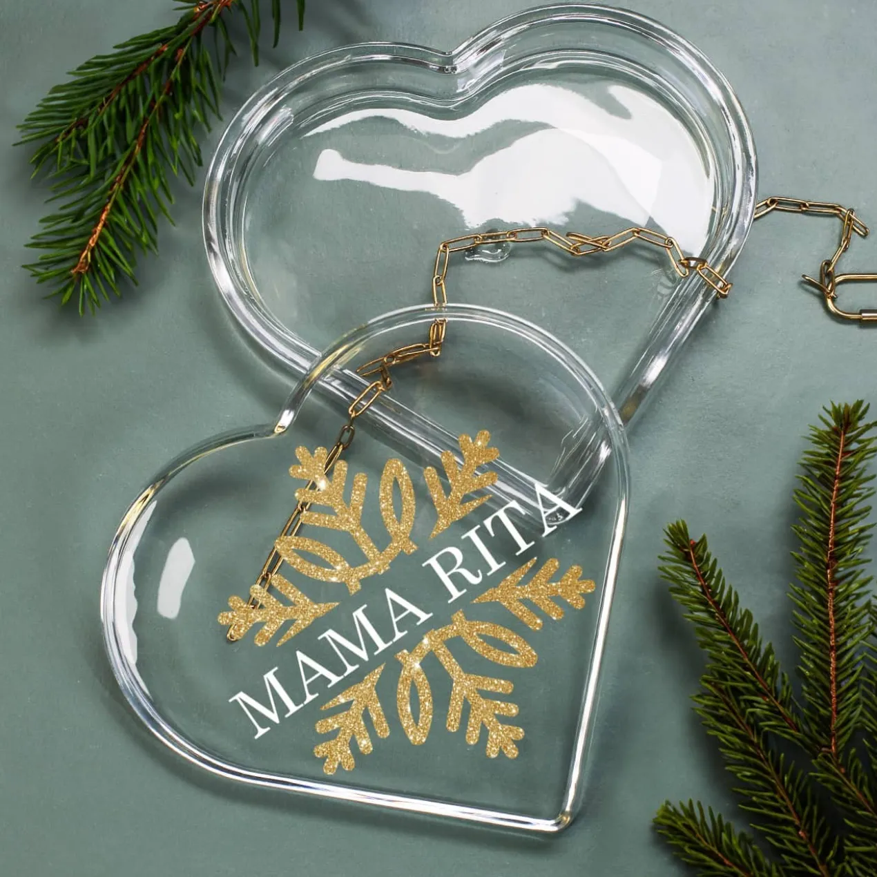 Glasdose in Herzform mit goldenem Schneeflockenmotiv und Wunschname