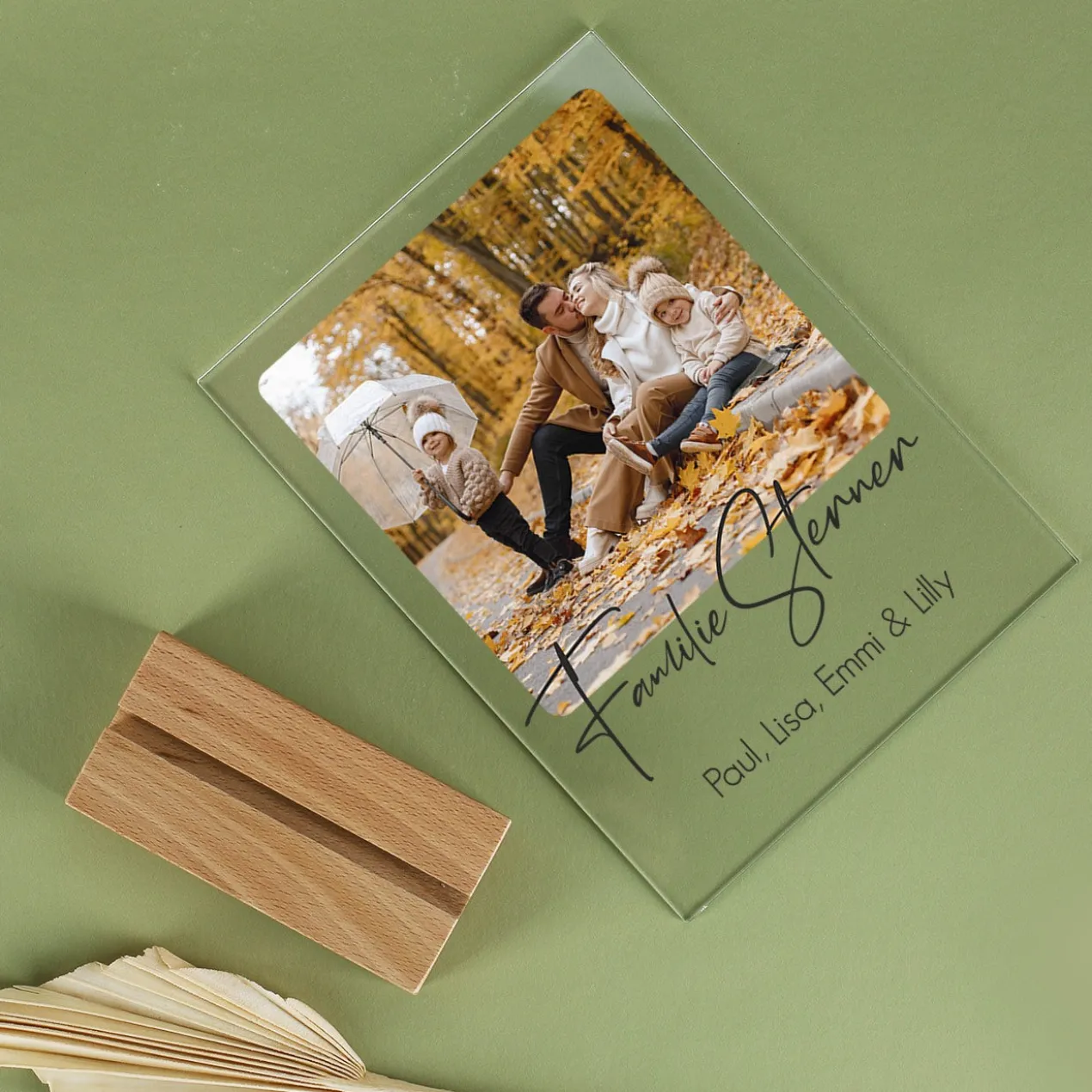 Glasfoto mit Holzsockel - mit Foto und Wunschtexten bedruckt