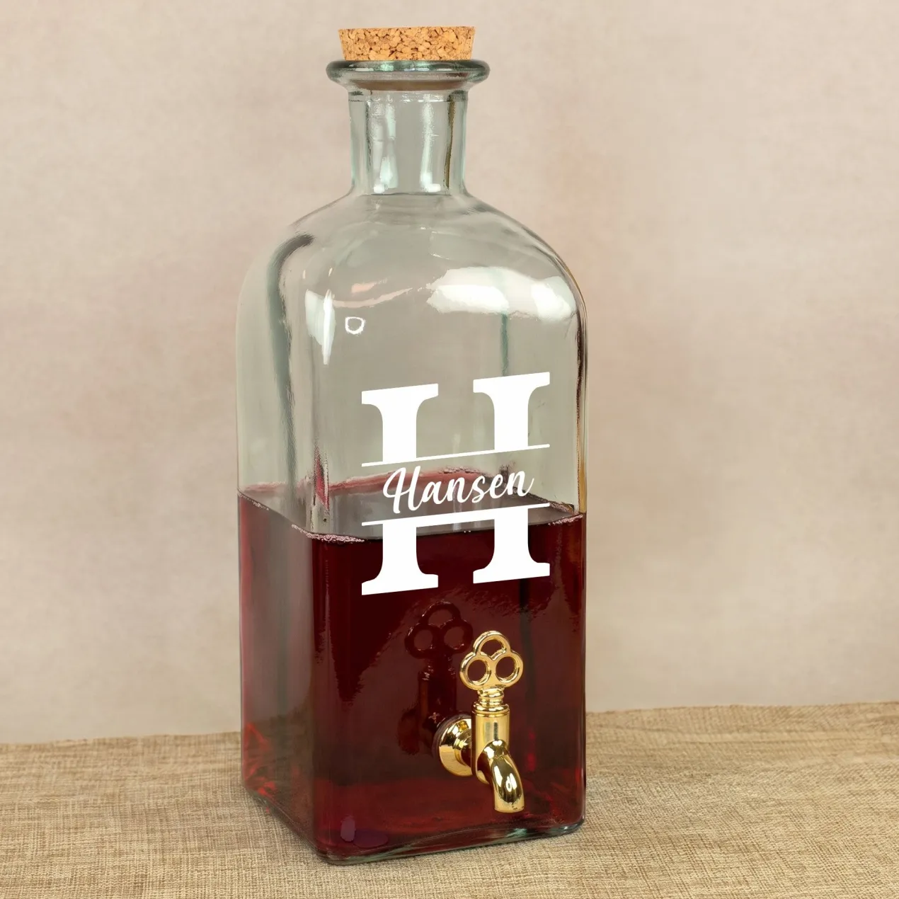 Glas Getränkespender mit Zapfhahn | 2L Spender für Limonade, Whisky & Wein mit Initiale und Name