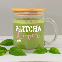 Glas Tasse 'Matcha Lover' mit Bambus Holz Deckel | Matcha Tasse als Geschenkidee