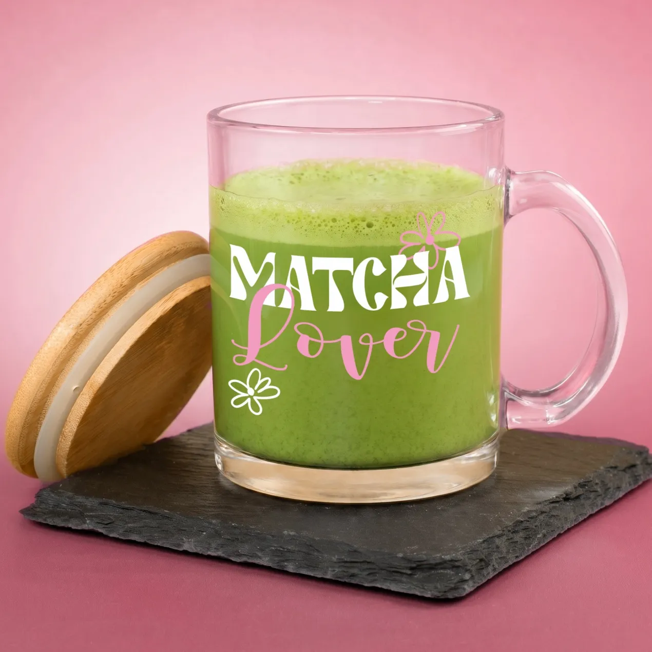 Glas Tasse 'Matcha Lover' mit Bambus Holz Deckel | Matcha Tasse als Geschenkidee