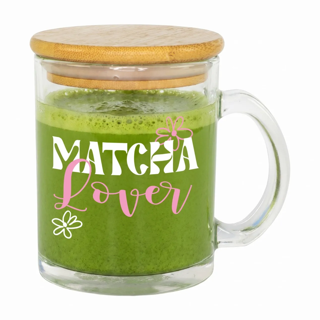 Glas Tasse 'Matcha Lover' mit Bambus Holz Deckel | Matcha Tasse als Geschenkidee
