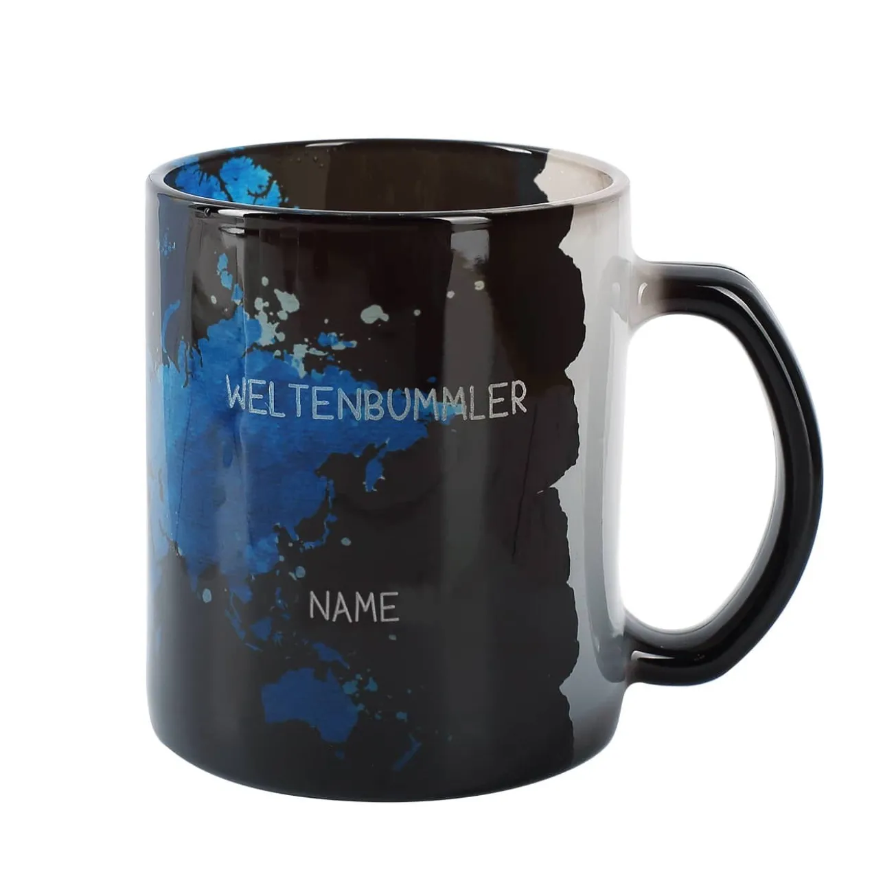 Glastasse mit Magic Effekt und Gravur - Weltenbummler