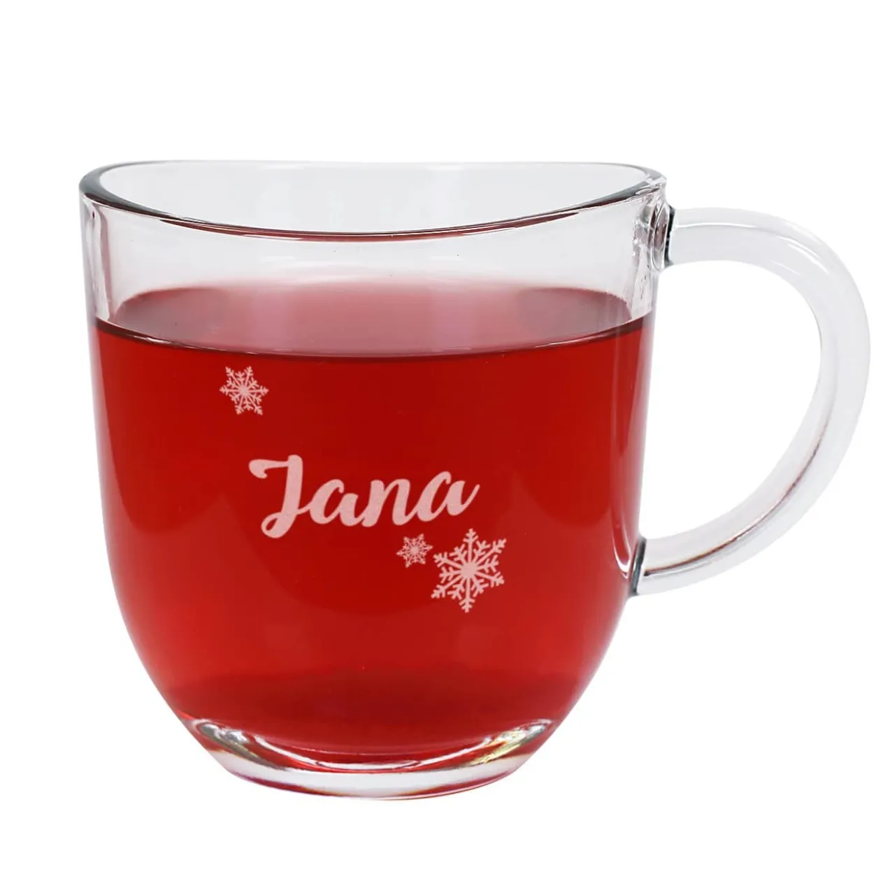 Glastasse mit Namensgravur und Schneeflocken