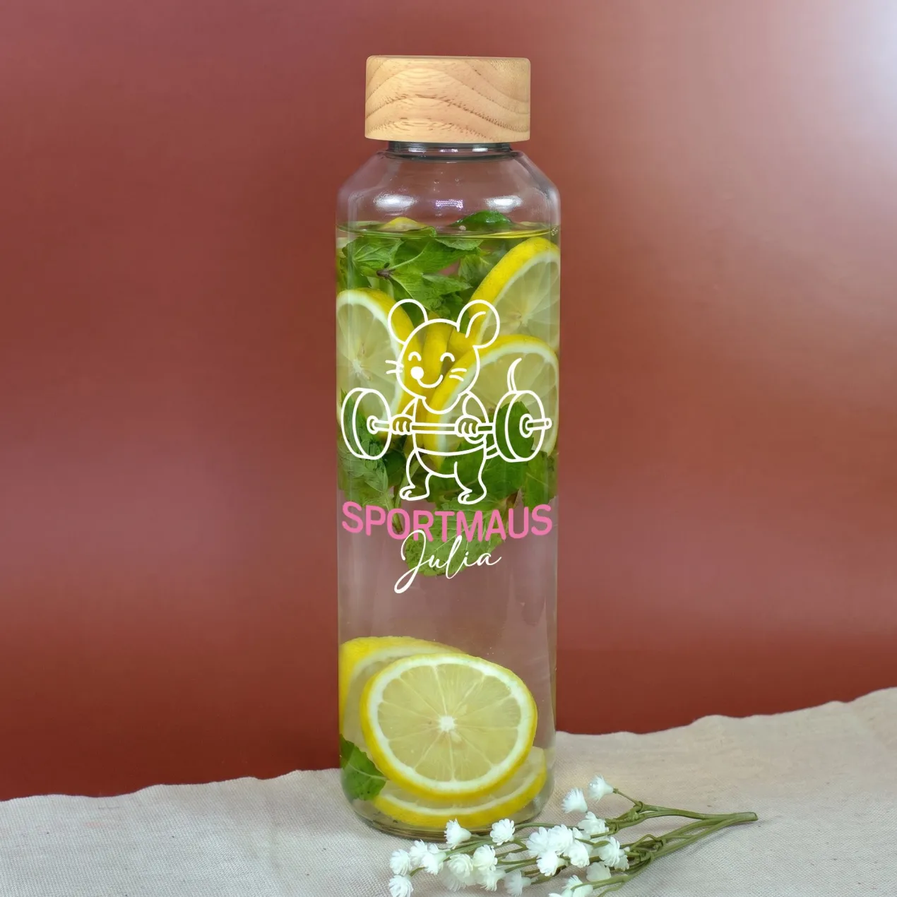 Glas Trinkflasche Sportmaus mit Name personalisiert | 600 ml Flasche als Sport Geschenk für Frauen
