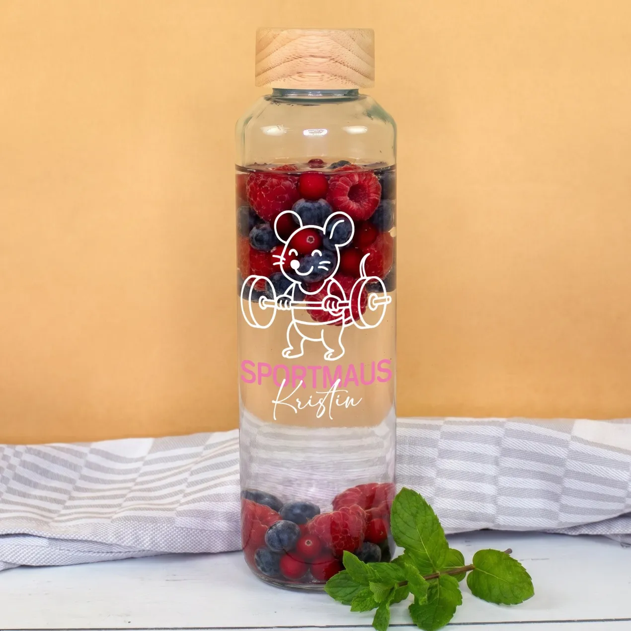 Glas Trinkflasche Sportmaus mit Name personalisiert | 600 ml Flasche als Sport Geschenk für Frauen