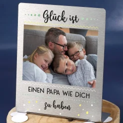 Glück ist... Edelstahl Foto-Aufsteller mit Ihrem Bild und Wunschtext 14x17 cm