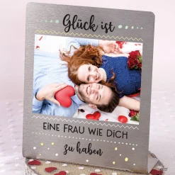 Glück ist... Edelstahl Foto-Aufsteller mit Ihrem Bild und Wunschtext 14x17 cm