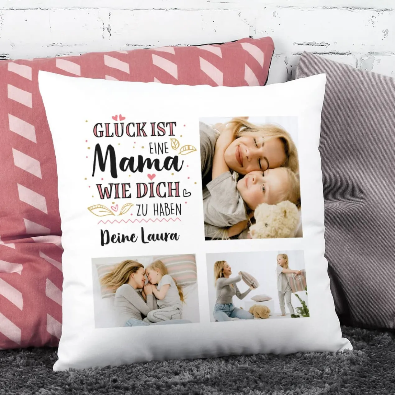 Glück ist, eine Mama wie dich zu haben - Kissen mit 3 Fotos und Wunschtext