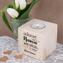 Glück ist, eine Mama wie dich zu haben - Teelichthalter aus Holz, 8 x 8cm