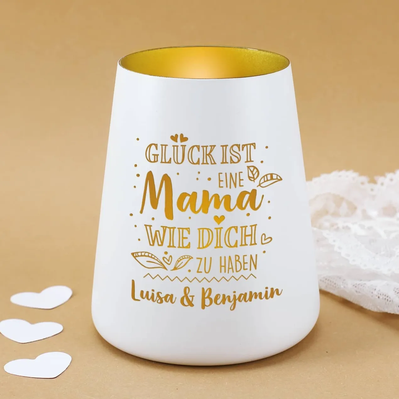 Glück ist, eine Mama wie Dich zu haben - Windlicht mit Wunschgravur