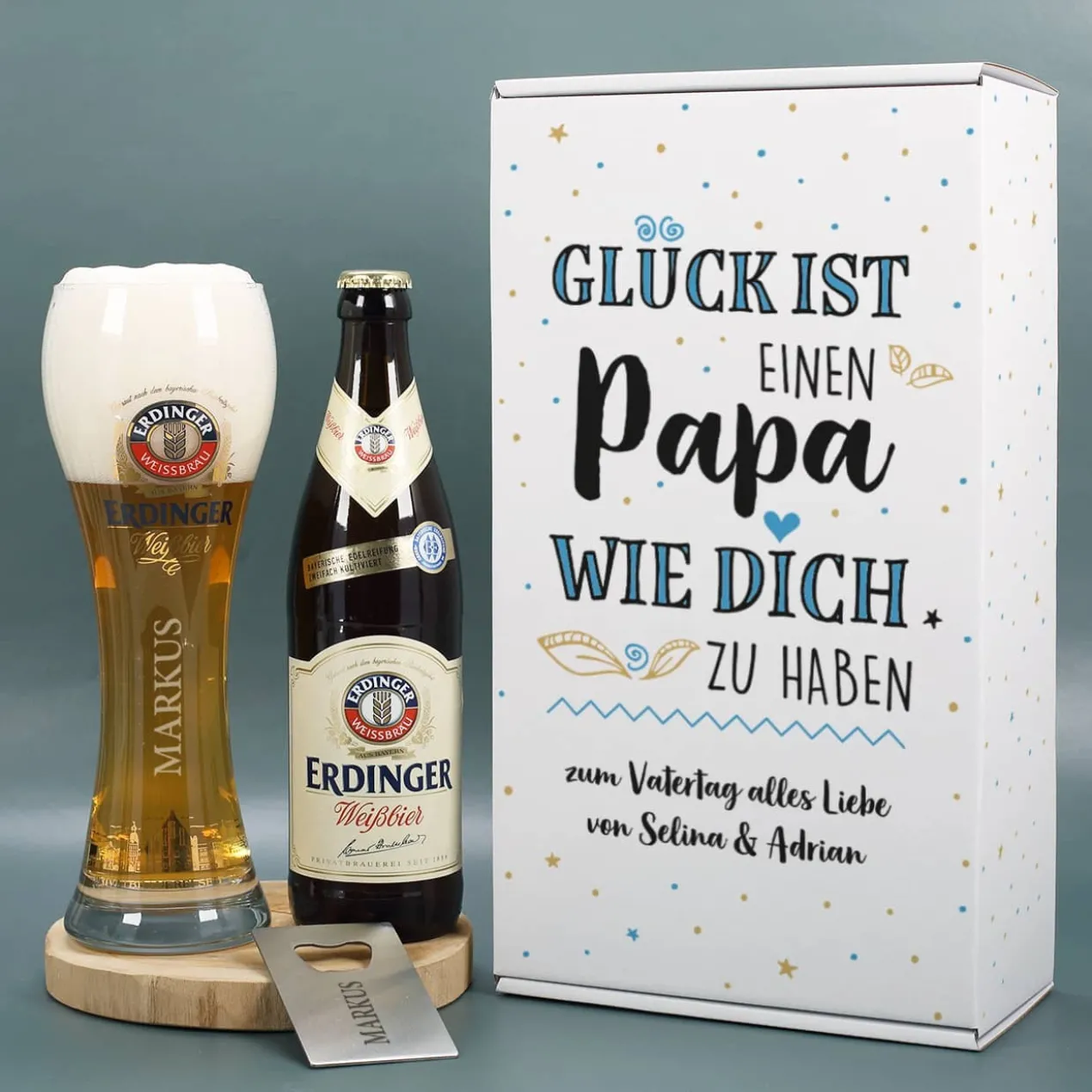 Glück ist, einen Papa wie dich zu haben - Erdinger Biergeschenk mit Glas und Öffner