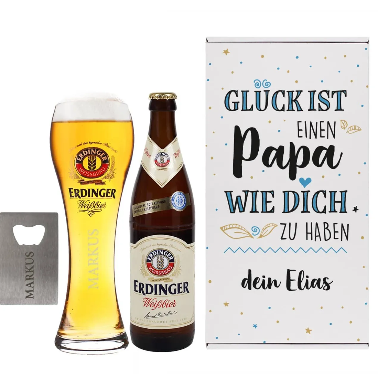 Glück ist, einen Papa wie dich zu haben - Erdinger Biergeschenk mit Glas und Öffner