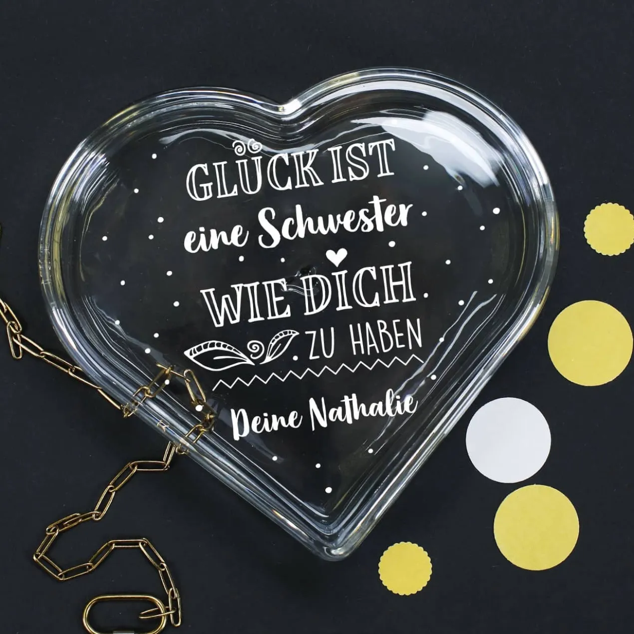 Glück ist... Glasdose in Herzform für Schmuck oder Geldgeschenke