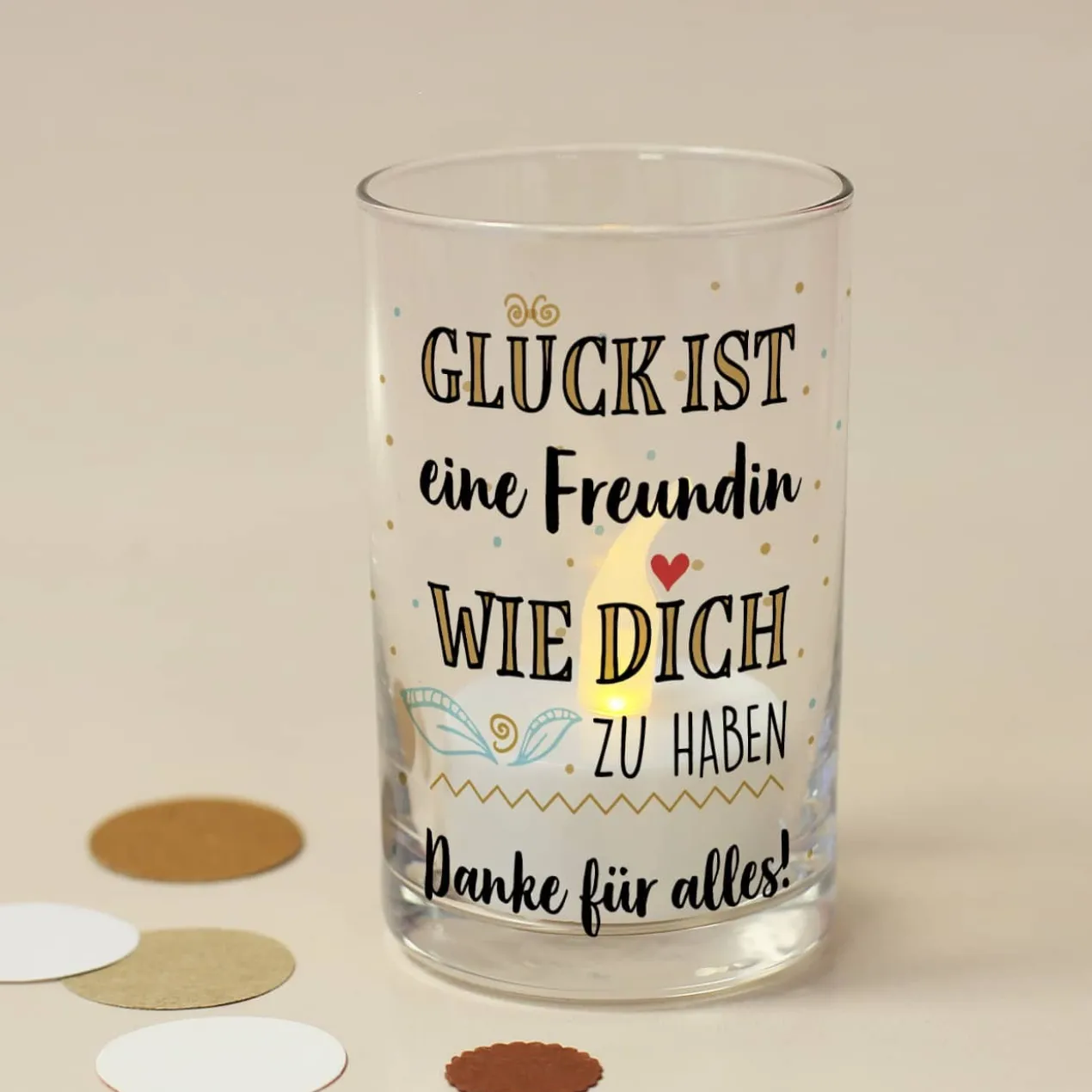 Glück ist... Kerzenhalter aus Glas mit zwei Zeilen Wunschtext